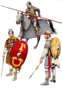 Artwork showing three Roman soldiers